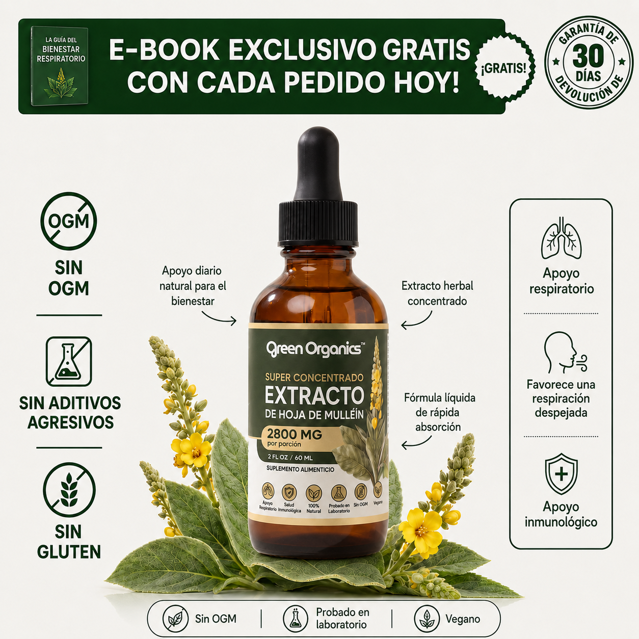 Gotas de Mullein Green Organics | Alivio Respiratorio Natural