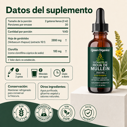 Gotas de Mullein + Clorofila Green Organics | Alivio Respiratorio Natural