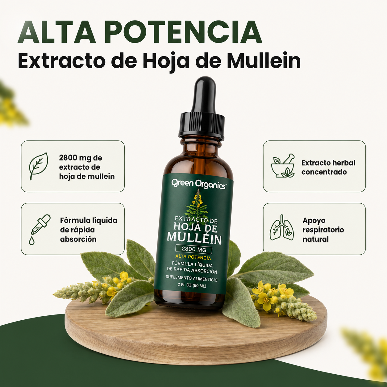 Gotas de Mullein + Clorofila Green Organics | Alivio Respiratorio Natural